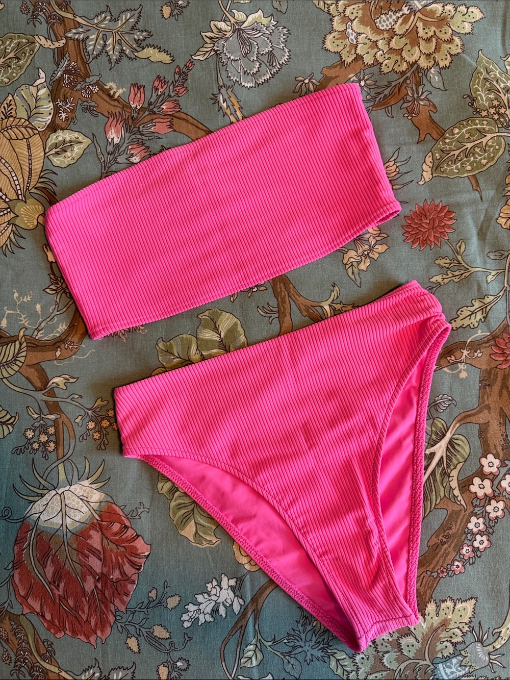 Frankie's Bikinis Ribbed Bandeau Bikini Set in Hot Pink